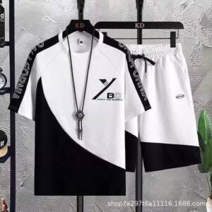 GALUIN 2 Piece Men's Round Neck Short Sleeve Shirt & Shorts -White