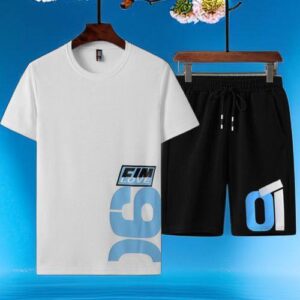 2 Piece Men's Round Neck Short Sleeve Shirt & Shorts - White